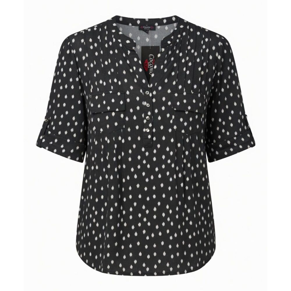 Cocomo Women's Plus Size 3X Black & White Geo Print Pintuck Short Sleeve Top